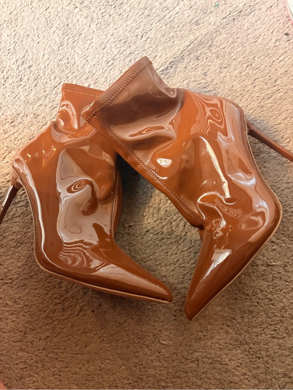Steve Madden Glossy Pointed-Toe Stiletto Ankle Boots in Cognac Brown